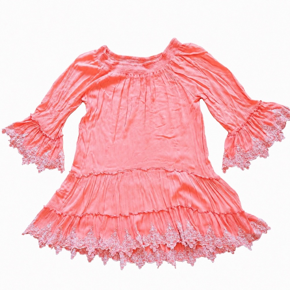 Saks Fifth Avenue Coral Pink Boho Embroidered Tiered Ruffle Tunic Dress Large